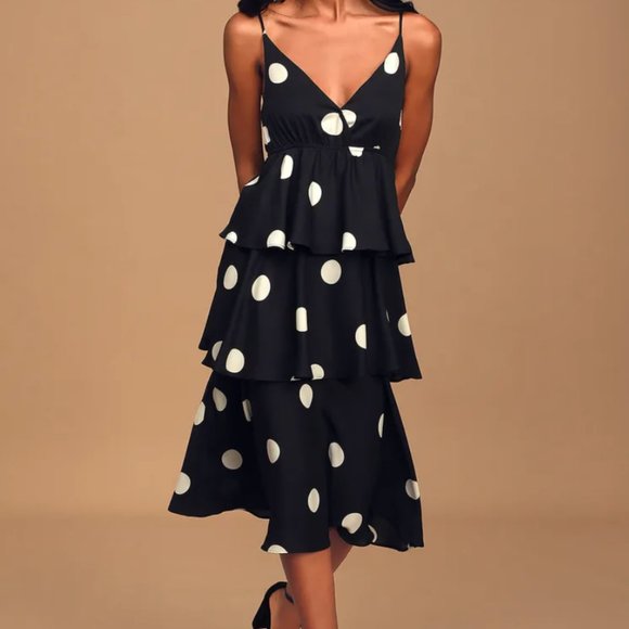 O.P.T. Cava Black and White Polka Dot Tiered Midi Dress - Picture 1 of 4